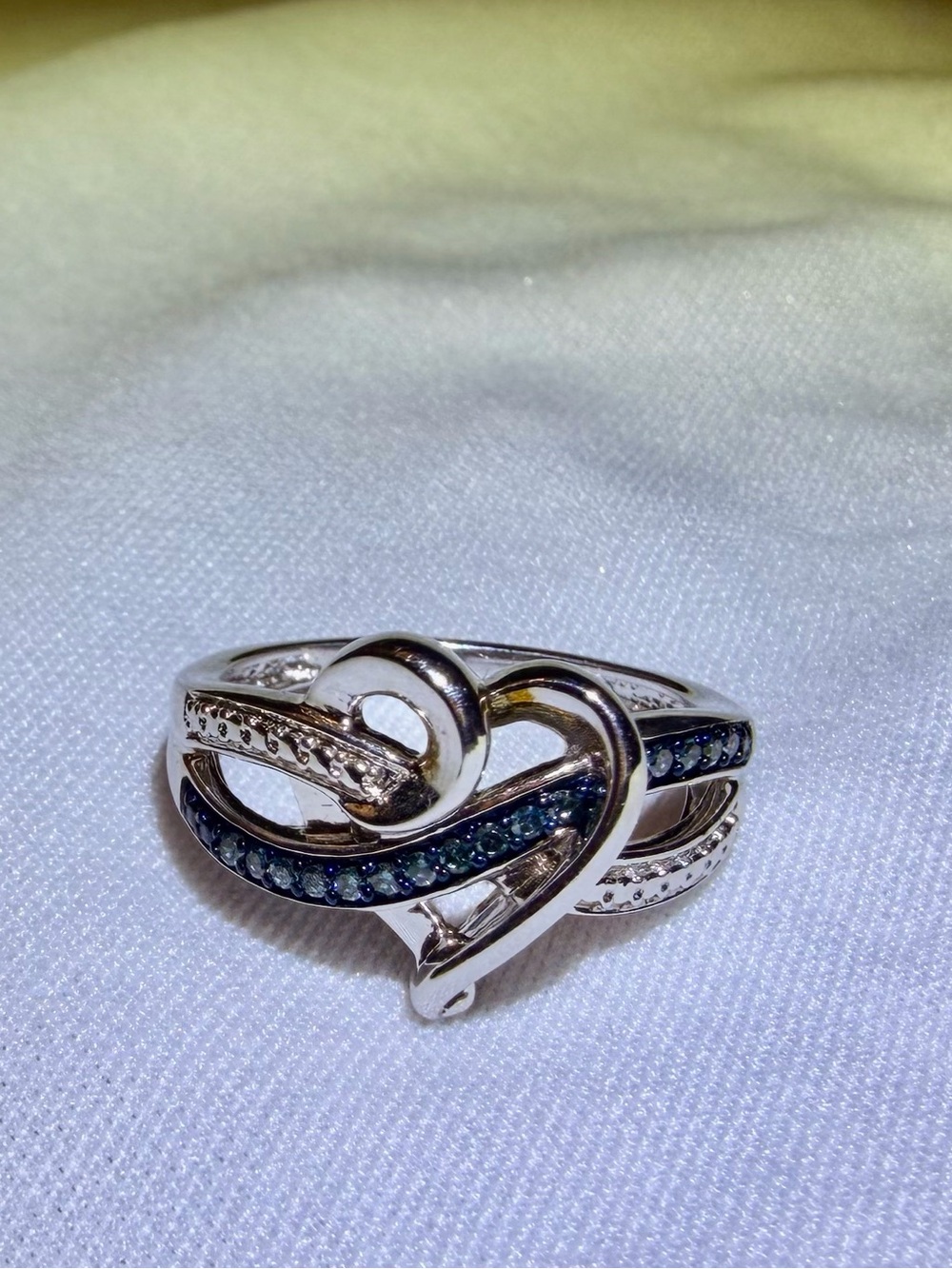 14K White Gold/925 Sterling Silver Heart Ring Blue and White Natural Diamonds